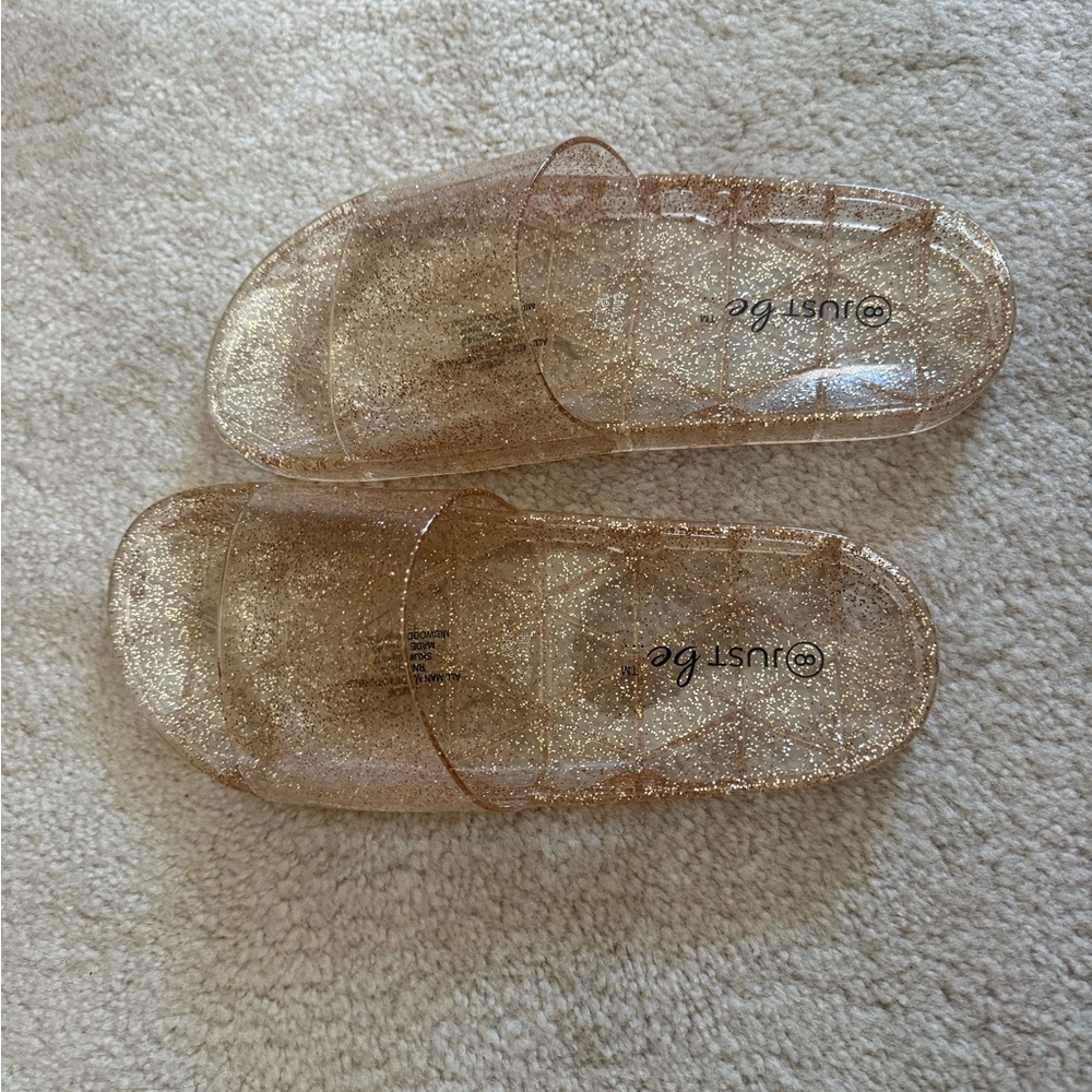 just be Glitter Clear Gold Slide Sandals